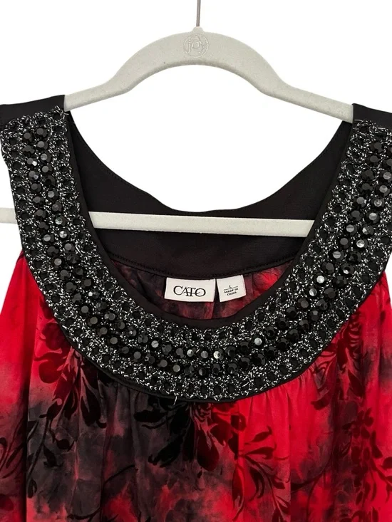 Cato Red and Black Floral Beaded Women’s Scoop Neck Tunic - Picture 3 of 6